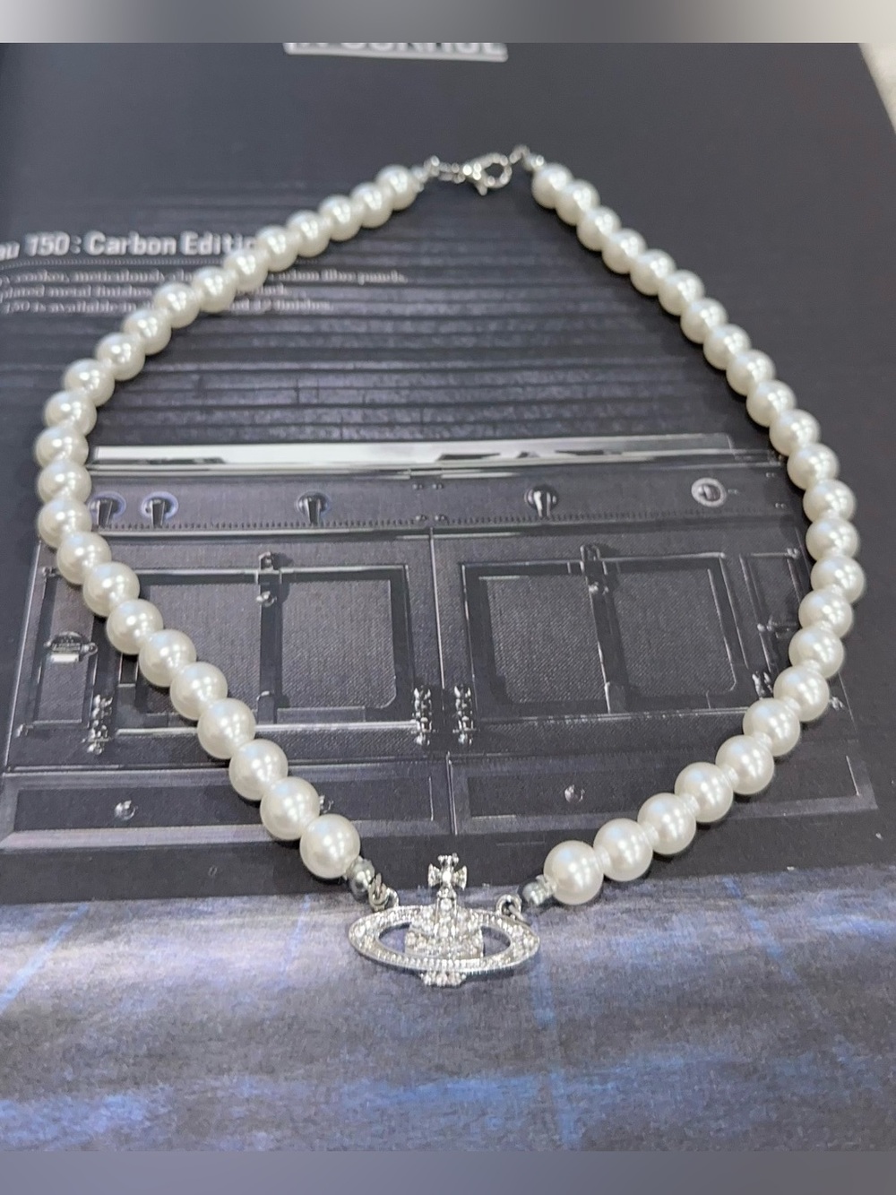 Pearl Necklace with Silver Crystal Orb Necklace Bracelet Bag Charm